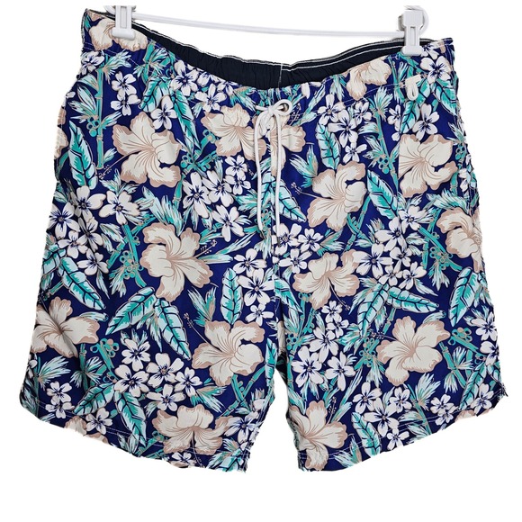 Lands' End Men's XL Floral Swim Trunks Hawaiian Blue Tan Swimsuit 40-42 - Picture 1 of 7